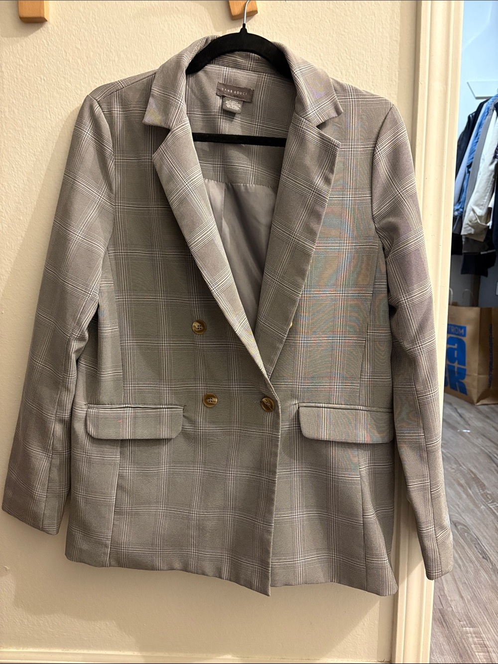 a new day Gray Plaid Double-Breasted Blazer with Gold Buttons